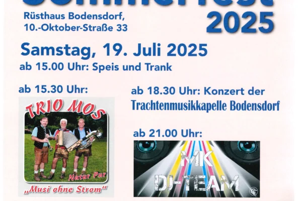 Einladung zum Sommerfest der FF Bodensdorf-Tschöran Sommerfest 2025 der FF Bodensdorf im Rüsthaus Bodensdorf, 10.-Oktober-Straße 33